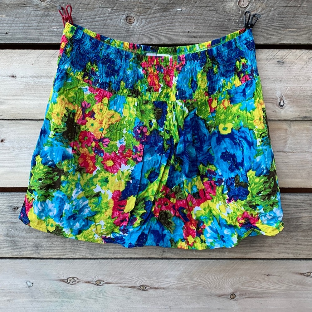 Mimi Chica Multicolor Floral Smocked Mini Skirt Colorful Blue Green Red Large